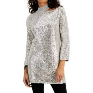 Silver Sequin Sweater Cold Shoulder Tunic Length Cocktail Holiday Size Small